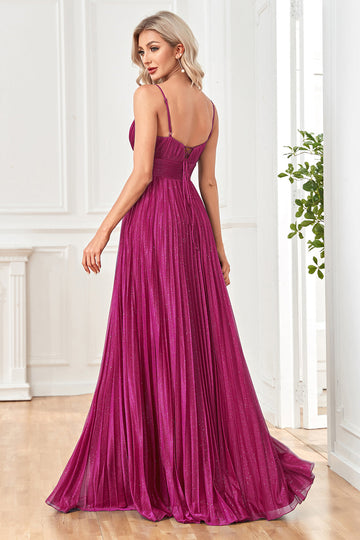 Vestido formal largo plisado con tirantes de espagueti fucsia brillante